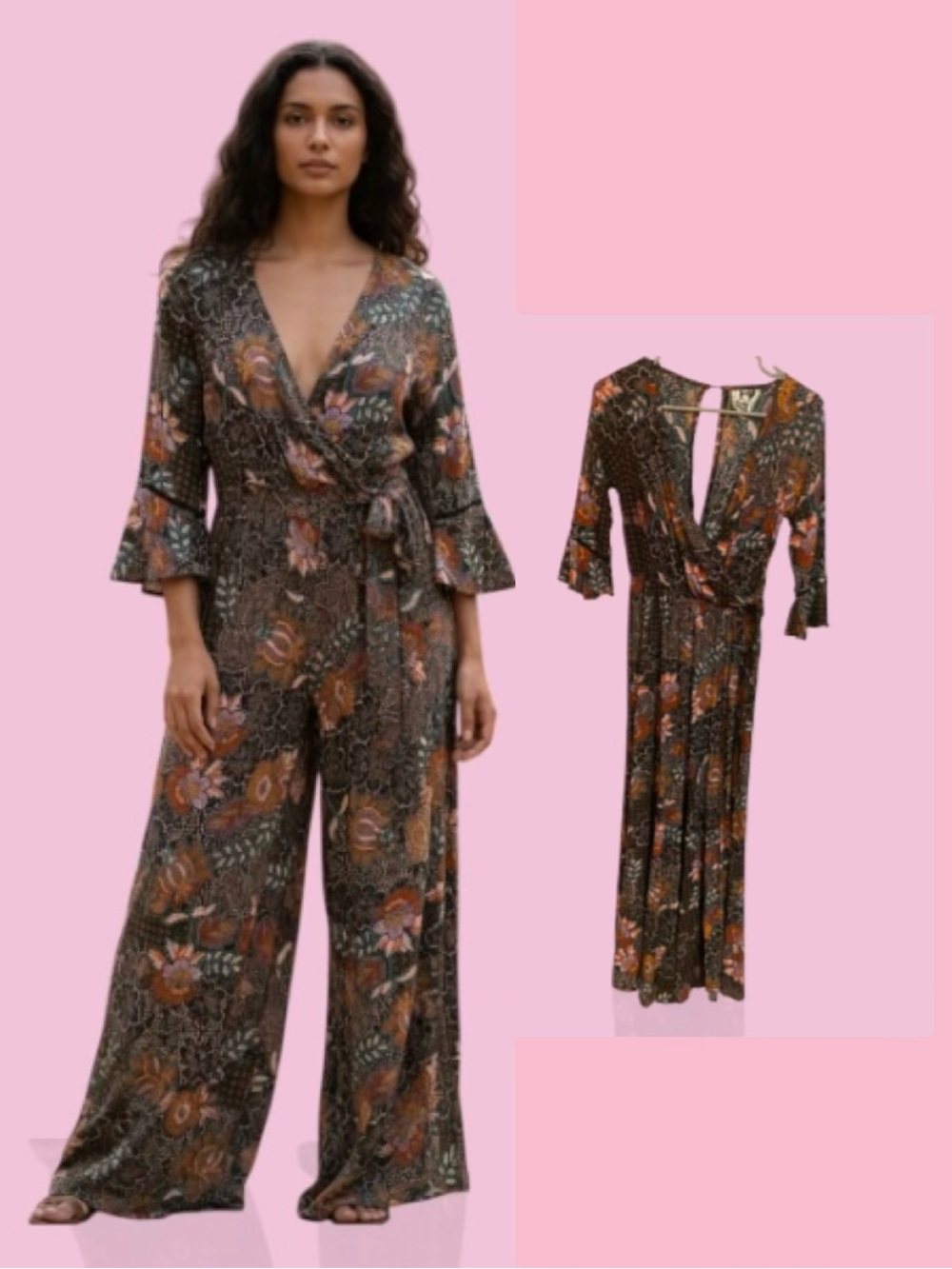 Jaase Floral Wrap Wide-Leg Jumpsuit in Brown and Orange